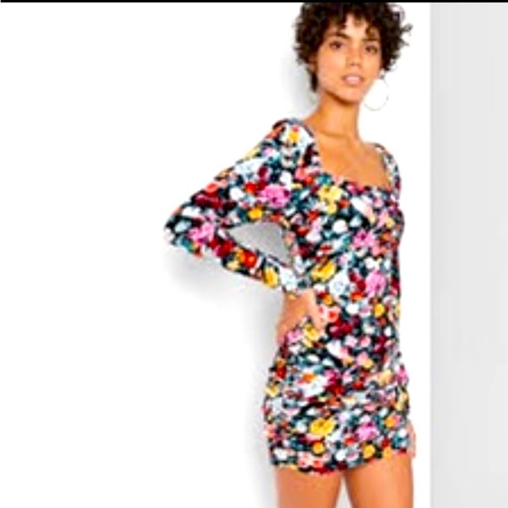 Wild Fable Velvet Floral Mini Dress New Small Ruched Long Sleeve
